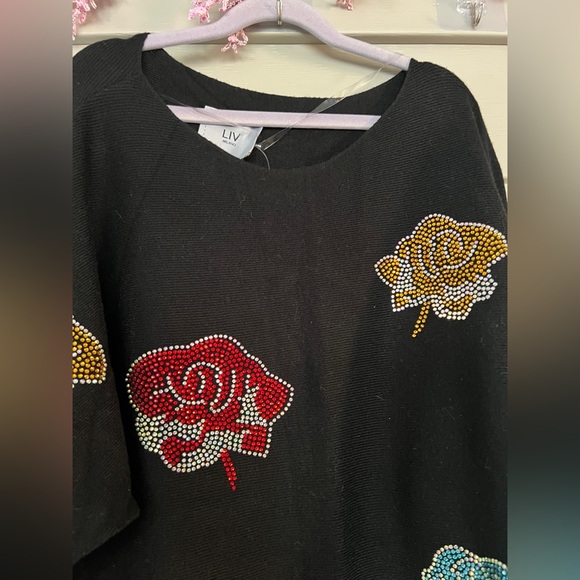 LIV Milano embellished with rhinestone black bat sleeves sweater size M - Picture 2 of 8